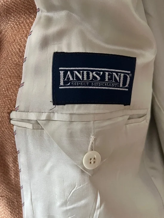 Vintage 80s Lands’ End 100% Wool Blazer 42R Tan Herringbone USA Tailored - Picture 6 of 11